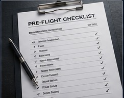 Printed pre-flight checklist on a clipboard